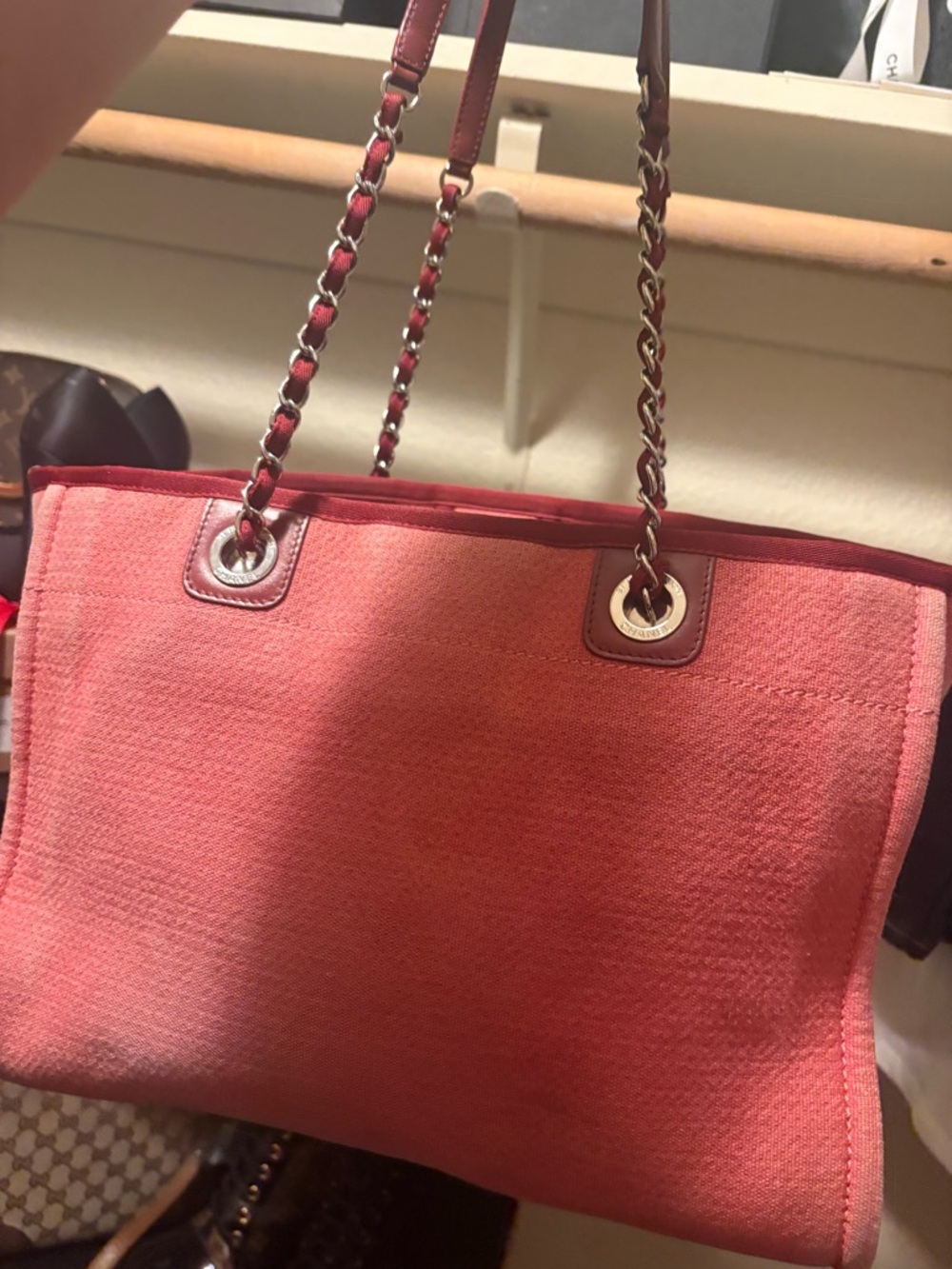 CHANEL Coral Pink Canvas Tote with Chain-Strap Handles - Picture 6 of 6